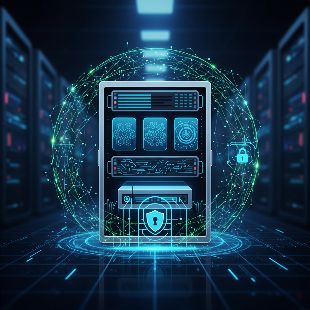 Illustration of server hardware with a digital security shield representing hypervisor isolation on a VPS (januscape)