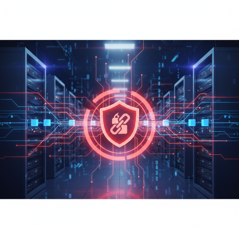 Abstract illustration of a server rack with a security warning indicator, representing a file-server vulnerability (rejetto hfs)