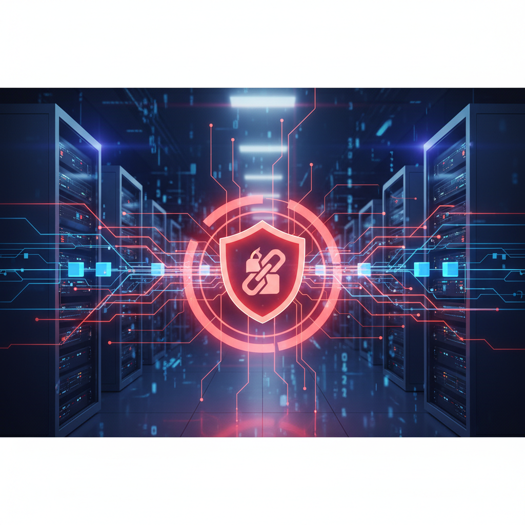 Abstract illustration of a server rack with a security warning indicator, representing a file-server vulnerability (rejetto hfs)