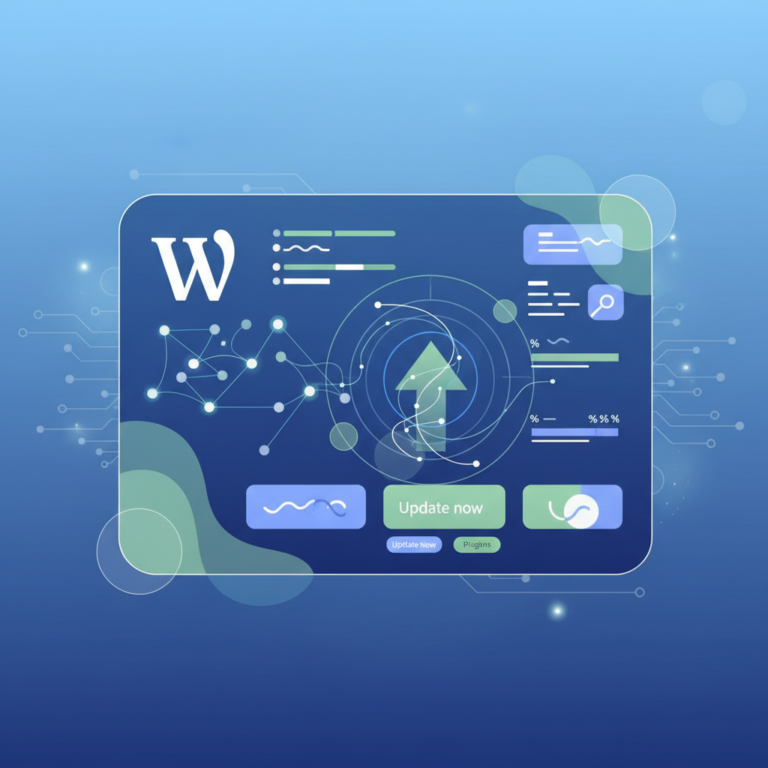 Abstract illustration of a WordPress admin dashboard showing an available update (wordpress 7.1 mary lou)