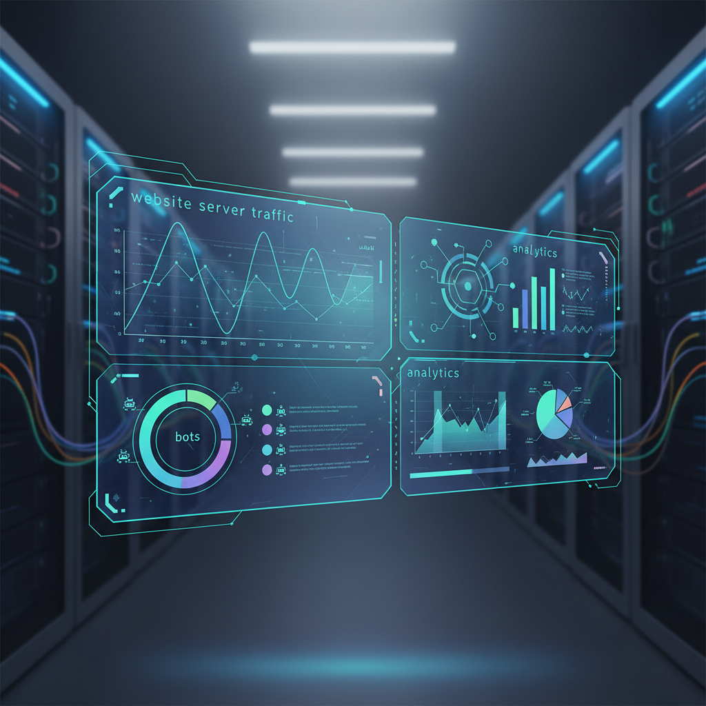 Illustration of a WordPress website dashboard showing automated bot traffic being analyzed and filtered
