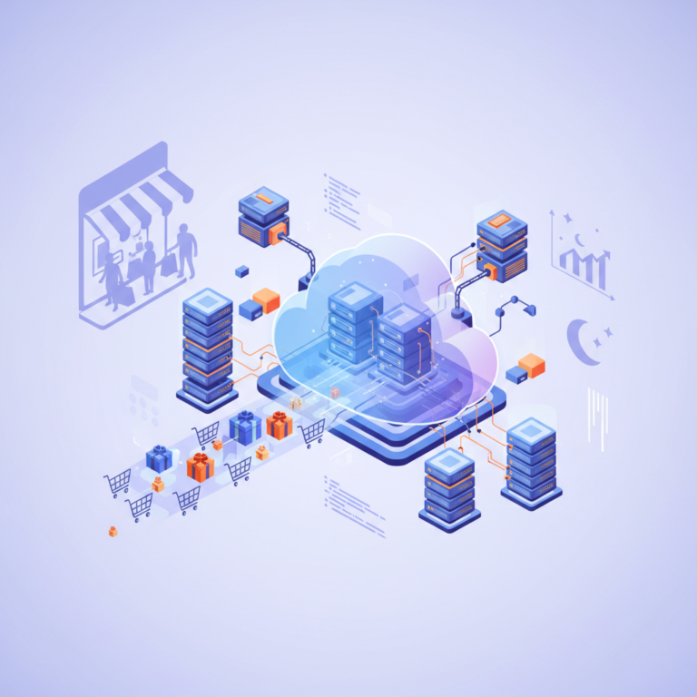 Illustration of an online store dashboard scaling up server capacity for holiday season traffic