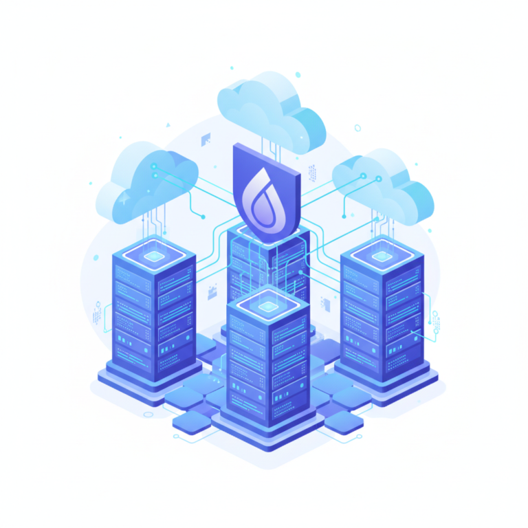 Abstract editorial illustration representing Drupal website hosting infrastructure and server requirements