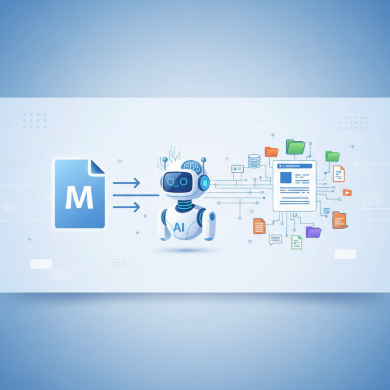 Illustration of a text file connecting to an AI assistant icon, representing the llms.txt specification