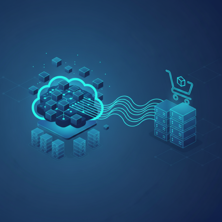 Illustration of scalable server infrastructure powering an e-commerce store