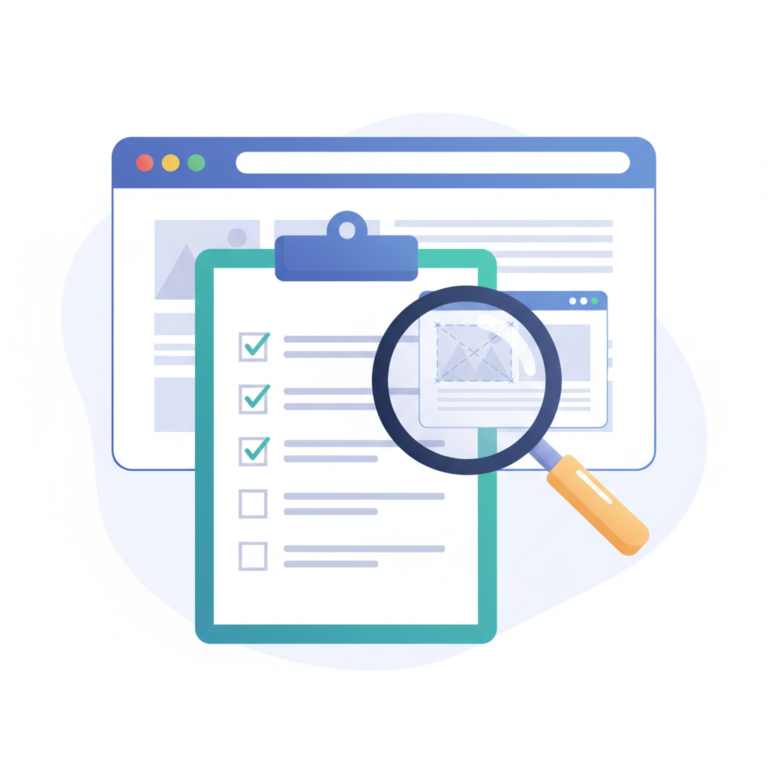 Illustration of a checklist and magnifying glass reviewing a website in a browser window