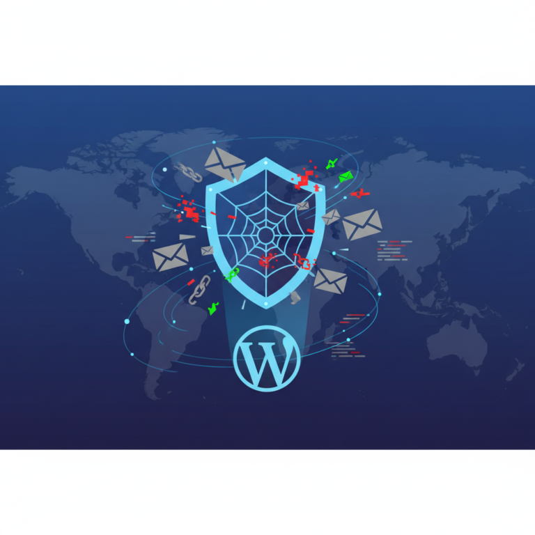 Illustration of a shield blocking spam messages, representing WordPress spam protection