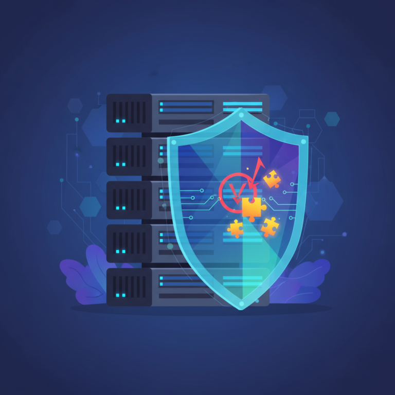 Editorial illustration of a server rack with a shield icon representing a patched critical security vulnerability