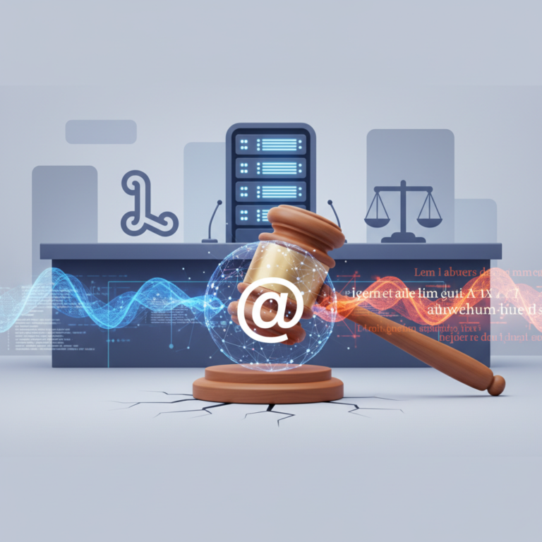 Illustration of a gavel next to a web domain icon representing a legal dispute over domain ownership